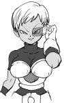  1girl alien armor artist_request breastplate breasts chirai dragon_ball dragon_ball_super female gloves large_breasts looking_at_viewer monochrome no_humans short_hair simple_background smile white_background 