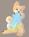  anthro canine corgi cub cuddlehooves diaper dog drooling male mammal open_mouth pawpads paws saliva sitting solo urine wet_diaper wetting young 