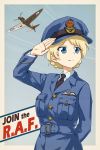  aircraft airplane arm_behind_back arm_behind_head bangs belt black_neckwear blonde_hair blue_belt blue_eyes blue_hair blue_jacket braid chanko closed_mouth commentary_request condensation_trail crown darjeeling dress_shirt emblem english eyebrows_visible_through_hair girls_und_panzer hat highres jacket looking_to_the_side military military_hat military_uniform military_vehicle motion_blur necktie outside_border partial_commentary peaked_cap propaganda roundel royal_air_force shirt short_hair smile solo spitfire_(airplane) standing tied_hair twin_braids uniform upper_body white_shirt wing_collar world_war_ii 