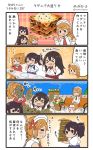  &gt;_&lt; 4koma :d akagi_(kantai_collection) aquila_(kantai_collection) bench blue_hakama brown_hair comic commentary drooling food hair_between_eyes hakama highres holding holding_spoon jacket japanese_clothes kaga_(kantai_collection) kantai_collection lasagna_(food) littorio_(kantai_collection) long_hair long_sleeves megahiyo multiple_girls open_mouth red_hakama red_jacket short_hair side_ponytail sitting smile speech_bubble spoon tasuki translated twitter_username 