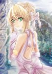  ahoge artoria_pendragon_(all) backless_dress backless_outfit blonde_hair blurry blurry_background bow braided_bun dated day dress elbow_gloves eyebrows_visible_through_hair fate/stay_night fate_(series) garan_asther gloves green_eyes hair_between_eyes hair_bow hair_bun halterneck highres lens_flare looking_at_viewer looking_back outdoors saber sidelocks signature sleeveless sleeveless_dress smile solo tied_hair upper_body white_bow white_dress white_gloves 