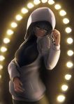  breasts dated eyebrows_visible_through_hair green_eyes hair_between_eyes hand_on_own_stomach highres hood hoodie large_breasts light_bulb long_hair long_sleeves looking_at_viewer number original parted_lips reito_(1755866) silver_hair solo 