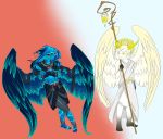  2018 ambiguous_gender angel artistic_license biped blue_hair clothed clothing demon digital_drawing_(artwork) digital_media_(artwork) duo elemental eyewear feathered_wings feathers fire fire_elemental full-length_portrait glasses hair halo hi_res horn humanoid long_hair male not_furry portrait red_eyes short_hair simple_background smile standing white_hair wings 