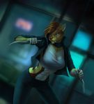  2018 5_fingers anthro blue_eyes blurred_background brown_hair clothed clothing detailed_background digital_media_(artwork) elvofirida feline female hair holding_object holding_weapon mammal midriff navel solo weapon 