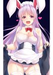  :d alternate_costume animal_ears apron bare_arms bare_shoulders black_background blush bow bowtie breasts bunny_ears cleavage commentary cowboy_shot detached_collar dress dress_lift enmaided eyebrows_visible_through_hair garter_straps happy heart heart-shaped_pupils highres kue large_breasts lifted_by_self long_hair maid maid_apron maid_headdress open_mouth panties purple_hair red_bow red_eyes red_neckwear reisen_udongein_inaba sidelocks simple_background smile solo standing strapless strapless_dress symbol-shaped_pupils thighhighs thighs touhou underwear very_long_hair waist_apron white_apron white_legwear white_panties wrist_cuffs 