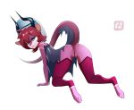  &lt;3 &lt;3_eyes 2018 all_fours anthro anus biped blue_eyes butt butt_pose digital_media_(artwork) digitigrade dragon dragonfu female hair horn long_tail looking_at_viewer looking_back multicolored_scales pink_scales pink_tail pussy raised_tail red_hair scales scalie simple_background solo white_background winged_arms wings 