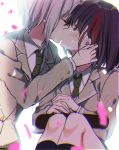  aoba_moka bang_dream! black_hair black_legwear blazer blush bow bowtie closed_eyes confetti diploma green_neckwear grey_hair grey_jacket haneoka_school_uniform jacket kiss knees_up long_sleeves mitake_ran mizukikushou multicolored_hair multiple_girls purple_eyes red_hair school_uniform short_hair streaked_hair tears yuri 