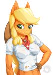  2018 anthro anthrofied applejack_(mlp) breasts clothing cowboy_hat equine female freckles friendship_is_magic gloves green_eyes hat horse mammal muscular muscular_female my_little_pony mysticalpha navel pony portrait scarf shirt solo stetson t-shirt 