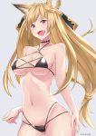  animal_ears bangs bare_shoulders bikini black_bikini black_ribbon blonde_hair blush braid breasts choker cleavage collarbone diagonal_bangs erune fang french_braid granblue_fantasy hair_ribbon hand_on_hip highres hips long_hair looking_at_viewer low-tied_long_hair medium_breasts micro_bikini navel o-ring open_mouth purple_eyes ribbon simple_background smile solo surock swimsuit yuisis_(granblue_fantasy) 