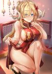  ahoge blonde_hair blue_eyes breasts china_dress chinese_clothes commentary_request covered_navel dress fingernails flower hair_flower hair_ornament hair_over_one_eye hand_on_own_chest highres himuro_(dobu_no_hotori) horns indoors large_breasts long_hair looking_at_viewer one_eye_covered original pointy_ears sideboob sitting smile solo thighs 