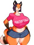  5_fingers absurd_res anthro big_breasts black_hair breasts canine clothed clothing digital_media_(artwork) female fox fur green_eyes hair hi_res highlights huge_breasts jaeh kylie_steel_(lildredre) looking_at_viewer mammal multicolored_fur orange_fur purple_highlights shorts simple_background small_head smile solo standing thick_thighs voluptuous wide_hips 