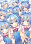  &gt;_&lt; :d ;d ahoge arm_up arms_up bangs blue_bow blue_dress blue_eyes blue_hair blush bow cirno closed_eyes closed_mouth collared_shirt commentary_request dress dress_shirt eyebrows_visible_through_hair fingernails grin hair_between_eyes hair_bow hands_up multiple_girls multiple_persona neck_ribbon one_eye_closed open_mouth pjrmhm_coa puffy_short_sleeves puffy_sleeves red_ribbon ribbon shirt short_hair short_sleeves sleeveless sleeveless_dress smile touhou v white_shirt xd 