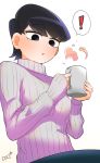  1girl absurdres black_eyes black_hair blush commentary_request cup degraded_ice highres komi-san_wa_komyushou_desu komi_shuuko mature mug open_mouth pink_sweater ribbed_sweater short_hair solo sweater turtleneck turtleneck_sweater 