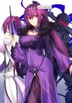  2girls armor arondight bangs bare_shoulders berserker_(fate/zero) breasts cleavage closed_mouth commentary detached_collar dress dual_persona fate/grand_order fate/zero fate_(series) full_armor fur-trimmed_dress hair_between_eyes hair_ribbon highres large_breasts long_hair looking_at_viewer multiple_girls purple_dress purple_hair purple_ribbon red_eyes ribbon scathach_(fate)_(all) scathach_skadi_(fate/grand_order) shiguru simple_background sword tiara wand weapon white_background wide_sleeves 
