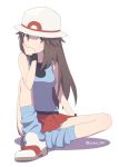  agata_(agatha) bare_shoulders blue_(pokemon) blue_legwear blue_shirt brown_eyes brown_hair closed_mouth hat long_hair looking_at_viewer miniskirt pokemon pokemon_(game) pokemon_frlg porkpie_hat red_skirt shadow shirt shoes simple_background sitting skirt smile socks solo straight_hair tank_top twitter_username white_background white_footwear white_hat wristband 