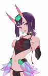  :d bangs bare_shoulders blush bob_cut breasts covered_nipples dudou eyebrows_visible_through_hair eyeshadow fang fate/grand_order fate_(series) headpiece highres horns looking_at_viewer makeup navel oni oni_horns open_mouth purple_eyes purple_hair short_eyebrows short_hair shuten_douji_(fate/grand_order) shuten_douji_(halloween)_(fate) simple_background sketch small_breasts smile solo tim_loechner white_background 