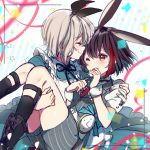  animal_ears aoba_moka apron bang_dream! black_footwear black_hair black_legwear black_neckwear black_ribbon black_shorts black_vest blue_bow blue_dress bob_cut boots bow bunny_ears carrying closed_eyes confetti diagonal-striped_background diagonal_stripes dress eyebrows_visible_through_hair frilled_apron frills grey_hair hair_ribbon hand_to_own_mouth kneehighs looking_at_another mitake_ran mizukikushou multicolored_hair multiple_girls neck_ribbon necktie one_eye_closed open_mouth pocket_watch princess_carry purple_eyes red_hair red_neckwear ribbon short_hair short_sleeves shorts smile star streaked_hair striped striped_background striped_bow vertical-striped_shorts vertical-striped_vest vertical_stripes vest watch wrist_cuffs 