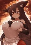  animal_ears bare_shoulders blush bored breast_grab breast_hold breasts brooch brown_hair collarbone dress grabbing highres imaizumi_kagerou jewelry kaginoni large_breasts long_hair long_sleeves red_eyes solo tail touhou wavy_mouth wolf_ears wolf_tail 