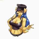  2018 5_fingers amy_&quot;river&quot;_lewis_(lildredre) anthro big_breasts blue_hair breasts brown_eyes canine cleavage clothed clothing digital_media_(artwork) dog female fur golden_retriever hair hat hi_res hotbento long_hair looking_at_viewer mammal midsection navel simple_background smile solo standing tattoo tight_clothing voluptuous wide_hips 