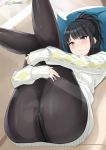  ass bangs black_hair black_legwear blush closed_mouth couch crotch_seam grey_eyes highres hips idolmaster idolmaster_shiny_colors kazano_hiori leg_hug legs legs_up lighting long_hair looking_at_viewer lying mole mole_under_mouth on_back pantyhose pillow ponytail solo sunlight surock sweatdrop sweater thighs white_sweater 