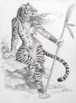  2018 anthro armband breasts cheek_tuft clothed clothing crossed_legs elbow_tufts feline female fur greyscale holding_object holding_weapon loincloth mammal melee_weapon monochrome navel neck_tuft nipples on_one_leg outside polearm silentravyn simple_background smile solo spear standing striped_fur stripes tiger topless tuft weapon 