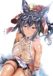  absurdres animal_ears bangs bare_shoulders black_hair blurry blush breasts bridal_gauntlets cleavage collarbone depth_of_field detached_sleeves ear_piercing erune eyewear_on_head flower granblue_fantasy hair_between_eyes hair_flower hair_ornament hair_ribbon halterneck highres ilsa_(granblue_fantasy) kimura_neito large_breasts long_hair looking_at_viewer one-piece_swimsuit piercing ponytail red_eyes red_ribbon ribbon sitting smile solo sunglasses swimsuit tan thigh_strap white_swimsuit 