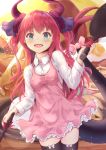  :d apron bangs black_legwear blue_eyes blush bow cowboy_shot dragon_girl dragon_horns dragon_tail dress_shirt elizabeth_bathory_(fate) elizabeth_bathory_(fate)_(all) eyebrows_visible_through_hair fang fate/grand_order fate_(series) food frying_pan hair_ribbon horns inora long_hair looking_at_viewer md5_mismatch open_mouth pink_bow pink_hair ribbon shirt smile solo tail thighhighs two_side_up very_long_hair 