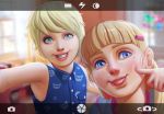  blonde_hair blue_eyes c0rros1on cheek_poking child commentary english_commentary freckles hair_ornament hairclip highres lips mole mole_under_eye multiple_girls nose nostrils original parted_lips phone_screen poking puffy_cheeks siblings sisters sleeveless smile tongue tongue_out toon viewfinder 