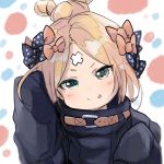  :p abigail_williams_(fate/grand_order) absurdres arm_up bangs black_bow black_jacket blonde_hair blush bow closed_mouth commentary_request crossed_bandaids dyson_(edaokunnsaikouya) fate/grand_order fate_(series) green_eyes hair_bow hair_bun head_tilt heroic_spirit_traveling_outfit highres jacket long_hair long_sleeves looking_at_viewer orange_bow parted_bangs polka_dot polka_dot_bow sleeves_past_fingers sleeves_past_wrists smile solo tongue tongue_out upper_body 