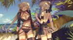  ahoge arm_support artoria_pendragon_(all) artoria_pendragon_(swimsuit_rider_alter) ass ass_visible_through_thighs back beach bikini black_bikini blonde_hair bow braid commentary_request crown_braid day fate/grand_order fate_(series) hair_bow head_tilt highres jeanne_d'arc_(alter_swimsuit_berserker) jeanne_d'arc_(fate)_(all) long_hair looking_back multiple_girls navel o-ring o-ring_bikini open_mouth pale_skin palm_tree shade shrug_(clothing) stomach strap swimsuit tea_sly thigh_gap tree very_long_hair 
