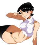  bangs bare_shoulders black_eyes black_hair black_pants breasts crop_top grin groin highres hips komi-san_wa_komyushou_desu komi_shuuko looking_at_viewer mature medium_breasts navel pants pants_pull pubic_hair shirt sitting sleeveless sleeveless_shirt smile solo swept_bangs tesu turtleneck v_over_eye white_background white_shirt 