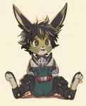  alternate_species anthro belt black_hair blush clothed clothing collar costume cute feet freckles furrification green_eyes hair jacket kemono lagomorph male mammal mask midoriya_izuku my_hero_academia rabbit simple_background solo uzucake 