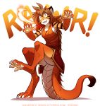  2018 5_fingers 5_toes adrakist alternate_species amber_eyes anthro balancing balancing_on_tail biped black_fur black_stripes bottomless breasts breath brown_hair butt claws clothed clothing digitigrade dragon eyebrows feline female fire fire_breathing flora_(twokinds) fur hair hi_res horn hybrid jewelry lizard_tail long_hair long_tail looking_at_viewer mammal multicolored_fur necklace open_mouth orange_eyes orange_fur orange_scales patreon raised_leg red_scales roaring scales scalie shirt simple_background smile solo striped_fur stripes tail_tuft tank_top teeth thick_tail tiger toe_claws toes tom_fischbach tuft two_tone_tail twokinds webcomic white_background white_fur white_scales yellow_eyes 