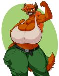  2018 5_fingers absurd_res anthro biceps big_breasts breasts brown_eyes brown_fur canine cleavage clothed clothing digital_media_(artwork) dog female flexing fur german_shepherd hair hi_res huge_breasts hyper hyper_breasts jaeh long_hair looking_at_viewer mammal simple_background small_head smile solo standing teeth thick_thighs tracy_mcallister_(lildredre) voluptuous wide_hips 