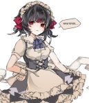  alternate_costume apron bangs black_hair breasts dress english enmaided eyebrows_visible_through_hair hand_on_hip highres kijin_seija maid maid_apron maid_headdress medium_breasts multicolored_hair open_mouth puffy_short_sleeves puffy_sleeves red_eyes red_hair sato_imo short_hair short_sleeves simple_background solo speech_bubble streaked_hair touhou white_apron white_background white_hair 