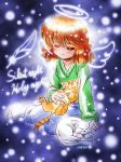  angel_wings cat closed_eyes commentary_request dated denim english eyebrows_visible_through_hair feathers green_sweater halo jeans light_smile orange_eyes orange_hair original pants shiny shiny_hair signature snow socks sweater v-neck wings zan_nekotama 