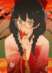  autumn autumn_leaves bad_id bad_twitter_id black_eyes black_hair blush bow checkered checkered_bow commentary eyebrows_visible_through_hair hair_bow hair_ornament hairclip japanese_clothes kimono leaf long_hair looking_at_viewer nijisanji nuezou raised_eyebrows red_bow smile solo tsukino_mito yellow-framed_eyewear 