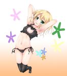  absurdres armpits arms_behind_back arms_up ass_visible_through_thighs bangs black_bra black_legwear black_panties blonde_hair blush bra breasts cat_cutout cat_ear_panties cat_lingerie cleavage_cutout eyebrows_visible_through_hair frilled_bra frills full_body gochuumon_wa_usagi_desu_ka? gradient gradient_background green_eyes highres jumping kirima_sharo leaning_to_the_side light_frown light_smile looking_at_viewer medium_hair meme_attire navel noriokaki_oheso open_mouth orange_background panties short_hair side-tie_panties skindentation small_breasts solo sweat thigh_gap thighhighs underwear underwear_only white_background 
