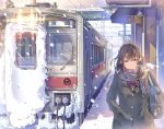  bag bookbag bow bowtie breath brown_eyes brown_hair coat cowboy_shot daito gloves ground_vehicle hair_ornament hairclip hand_in_pocket keychain long_hair original scarf skirt snow snowing solo train train_station 