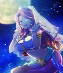  :d armlet bracelet breasts brown_hair dragon_quest dragon_quest_xi earrings full_moon green_eyes highres jewelry jodesu large_breasts long_hair looking_at_viewer mermaid monster_girl moon necklace night open_mouth romia_(dq11) smile solo veil water 