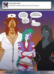 2015 anthro ask_blog big_breasts breasts canine clothed clothing comic conditional_dnp cosplay dialogue diamond_(kadath) ear_piercing english_text equine female fully_clothed giraffe giraffid group halloween holidays jackal kadath mammal nightshade_(kadath) nurse piercing puzzle_(kadath) text zebra 
