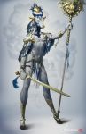 anthro blue_eyes bovine bracelet cattle clothed clothing deity gold_(metal) gold_ears gold_nose holding_object hooves jewelry male mammal melee_weapon navel simple_background solo staff standing sword veramundis weapon white_skin 