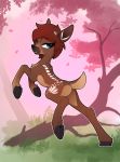  2018 antlers black_nose blue_eyes broken_antler brown_fur brown_tail butt butt_pose cervine day detailed_background digital_media_(artwork) digitigrade eyebrows eyelashes female feral fur grass hair hooves horn jumping looking_at_viewer looking_back mammal multicolored_fur my_little_pony outside quadruped red_hair sam_doehart short_tail sky smile solo spots tree two_tone_tail white_spots yakovlev-vad 