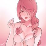  breasts cleavage collarbone flower front-tie_bikini front-tie_top gradient gradient_background hair_between_eyes hair_over_one_eye hair_over_shoulder hibiscus highres kirijou_mitsuru long_hair looking_at_viewer medium_breasts monochrome persona persona_3 pink_background pink_bikini_top pink_eyes ragecndy red_flower red_hair shiny shiny_skin smile solo upper_body 