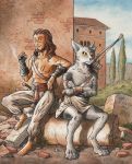  0laffson 2017 4_toes 5_fingers 5_toes anthro arrow barefoot bow brown_eyes brown_hair canine day detailed_background digitigrade duo fur grey_fur hair human mammal no_sclera outside smile toes traditional_media_(artwork) white_fur wolf yellow_eyes 