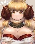  anila_(granblue_fantasy) blonde_hair breasts brown_background cleavage commentary_request draph eyebrows_visible_through_hair fur_trim gloves granblue_fantasy highres horns large_breasts long_hair looking_at_viewer maou_(maoudaisukiya) sheep_horns simple_background solo upper_body white_gloves yellow_eyes 