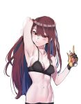  absurdres arm_behind_head arm_up armpits bangs black_bra blush bra breasts collarbone commentary_request deodorant eyes_visible_through_hair girls_frontline gloves hair_ribbon hand_up highres holding ihobus korean_commentary lace lace-trimmed_bra long_hair looking_down navel one_side_up purple_hair red_eyes red_ribbon ribbon simple_background single_glove small_breasts solo stomach sweatdrop underwear underwear_only very_long_hair wa2000_(girls_frontline) wavy_mouth white_background 