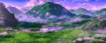  cloudy_sky commentary day field forest grass highres hill lake landscape meadow moss mountain mountainous_horizon nature no_humans original outdoors purple_sky reflection rock scenery sennotane shore sky tree twitter_username water 