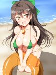  bangs beach bikini bow breasts brown_eyes brown_hair collarbone commentary_request day deego_(omochi_bazooka) eyebrows_visible_through_hair front-tie_top gem green_bikini hair_bow hair_ornament head_tilt highres holding kneeling large_breasts long_hair looking_at_viewer micro_bikini nipple_indentation ocean open_mouth outdoors reiuji_utsuho sand shadow shiny shiny_skin side-tie_bikini sidelocks smile solo swimsuit touhou water 