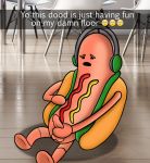  2017 balls blush english_text erection food headphones hot_dog hot_dog_(snapchat) ketchup male masturbation meme mustard not_furry open_mouth penis precum sausage snapchat social_media solo text 